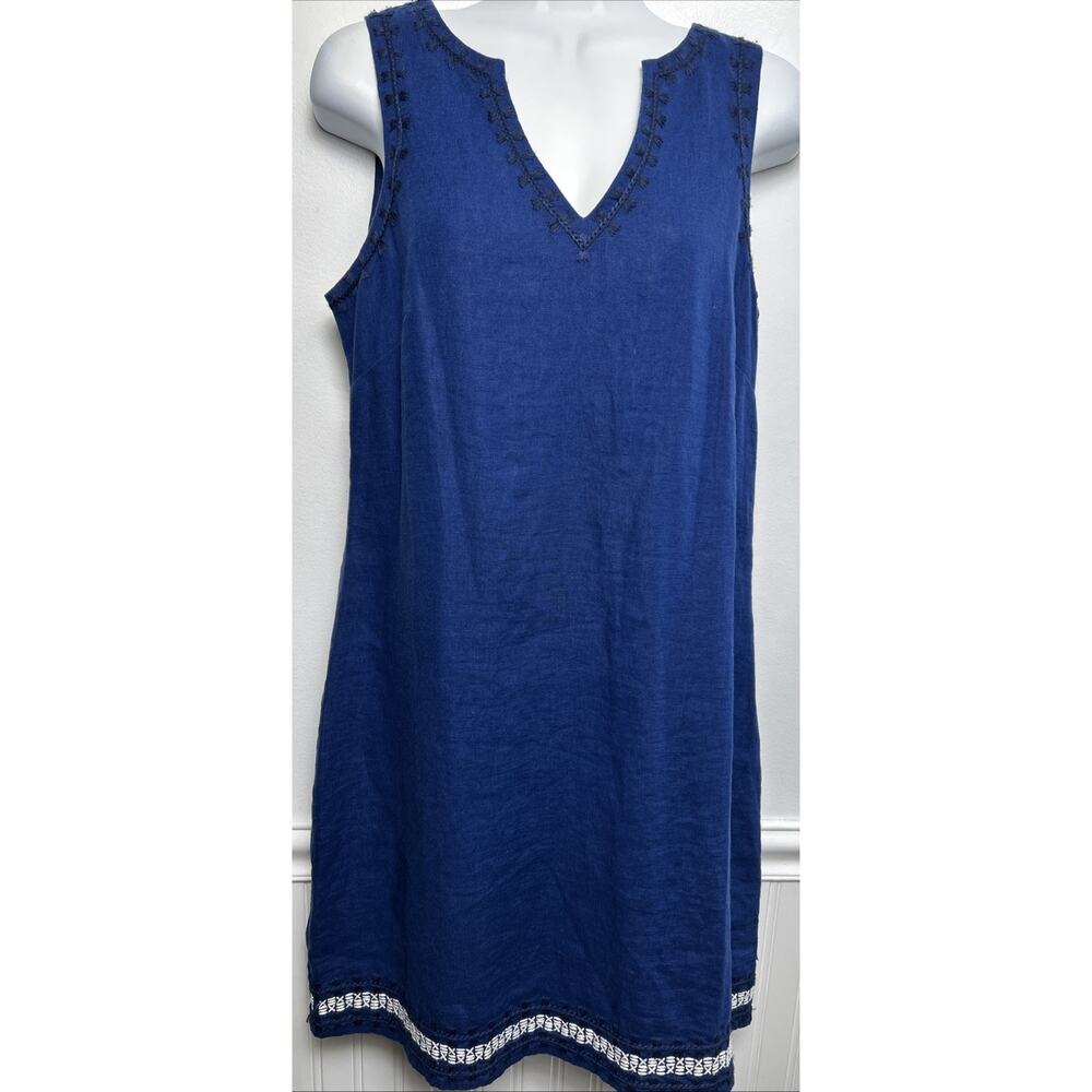 Hatley 100% Linen Shift Dress Womens S Blue White Embroidered Sleeveless V Neck